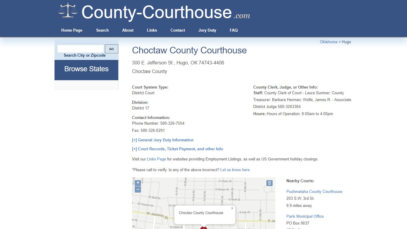 Choctaw County Courthouse in Hugo, OK - Court Information